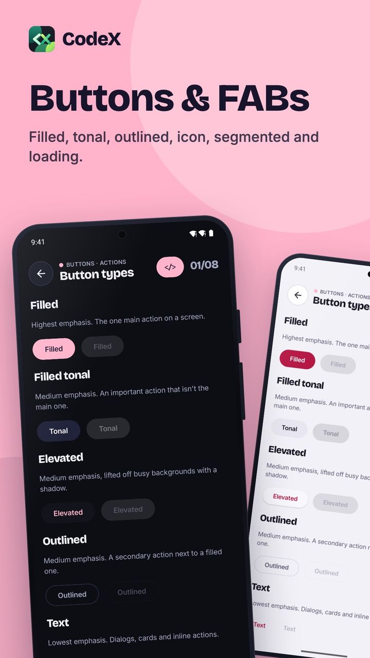 CodeX screenshot: Buttons and FABs