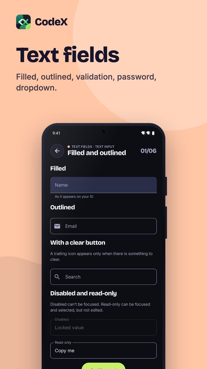 CodeX screenshot: Text fields